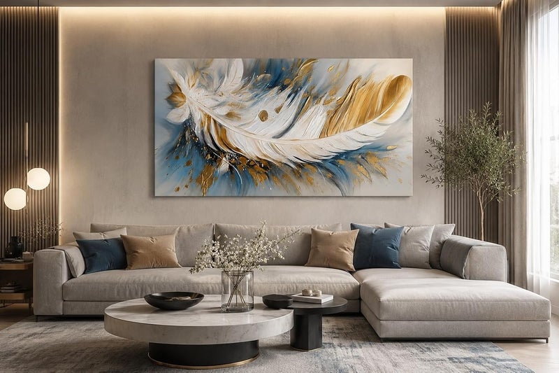 ARS Luxury Feather Canvas Wall Art  Modern 3D Texture Gold Leaf & Light Blue Oil Painting Style Print, Elegant White Plume Picture for Living Room, Majlis, Bedroom Decoration - Image 2