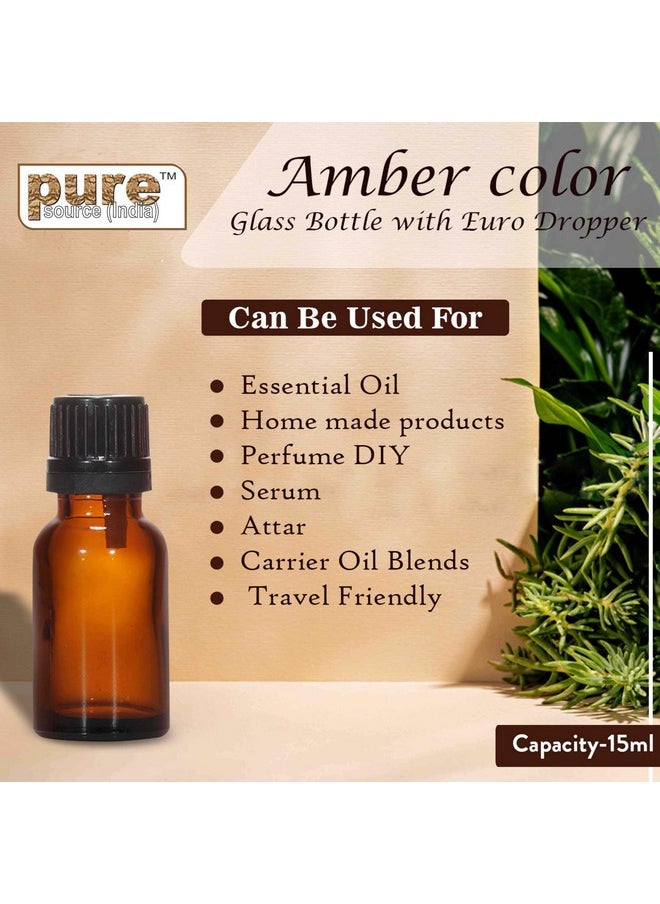 Pure Source India Empty 15 ML Amber Glass Bottle With Leak-Proof Euro Dropper And Cap With Seal,Suitable To Store Essential Oil,Medicine Etc...(Set of 6 Pcs)