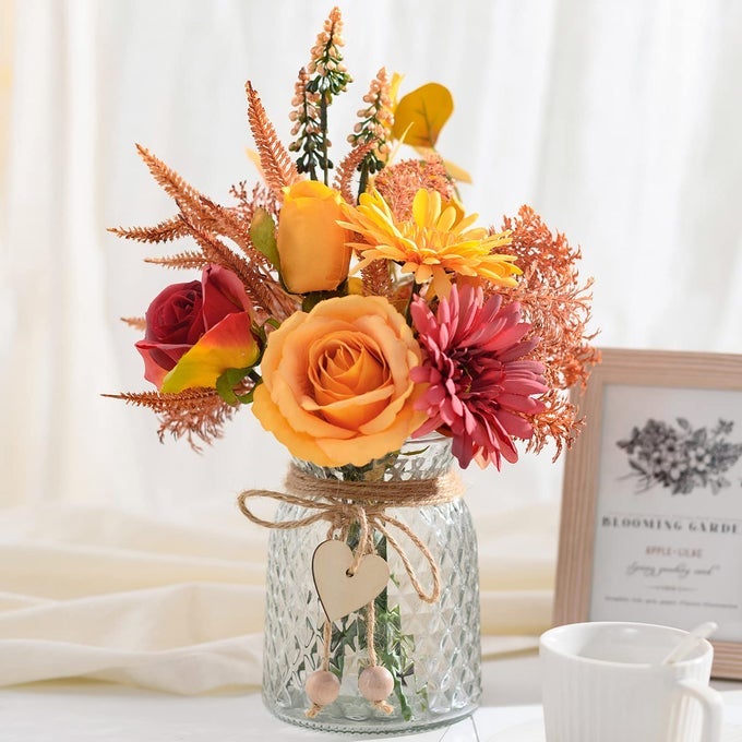 ARTIFICIAL FLOWERS WITH VASE FAUX SILK FLOWERS ARRANGEMENT IN VASE RUSTIC HOME OFFICE DECORATIONS FARMHOUSE DINING TABLE DECOR COFFEE TABLE CENTERPIECE FALL TABLE PLANT DECOR