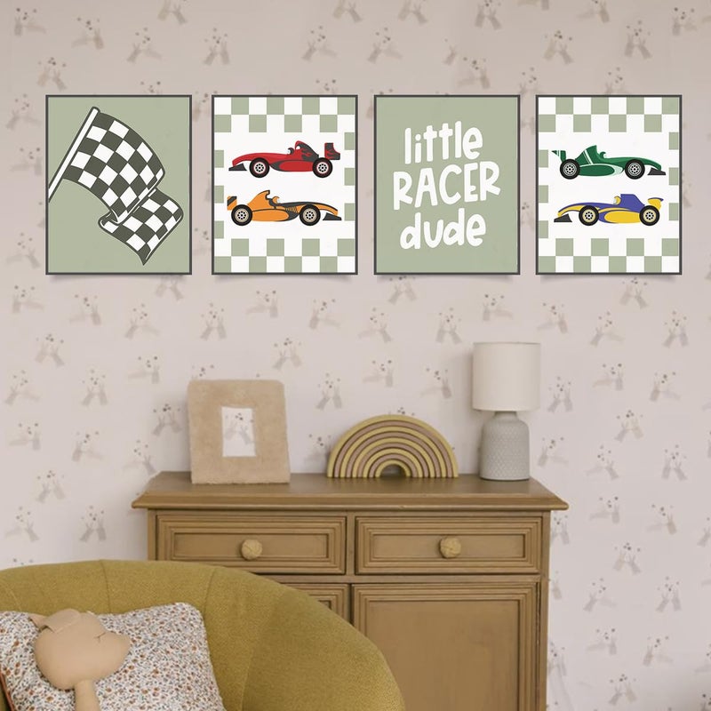PLKMN Race Car Room Decor for Boys Little Racer Dude 8x10 Art Print Buffalo Plaid Decor Inspirational Boys Room Quote Wall Art Poster for Boy Playroom Bedroom Decor Set of 4 Unframed (Green) - Image 5