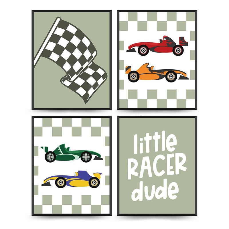 PLKMN Race Car Room Decor for Boys Little Racer Dude 8x10 Art Print Buffalo Plaid Decor Inspirational Boys Room Quote Wall Art Poster for Boy Playroom Bedroom Decor Set of 4 Unframed (Green) - Image 1