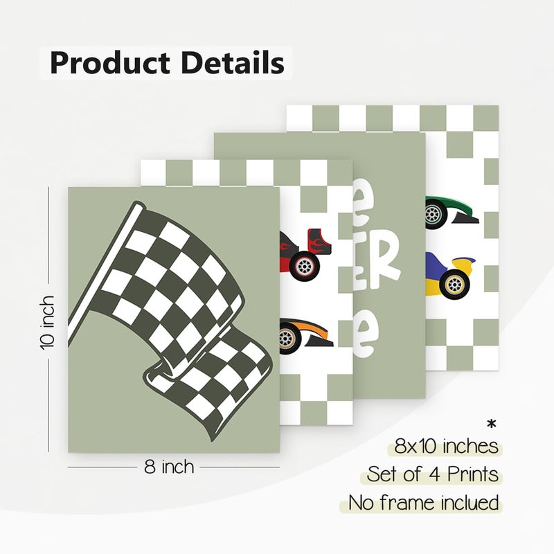 PLKMN Race Car Room Decor for Boys Little Racer Dude 8x10 Art Print Buffalo Plaid Decor Inspirational Boys Room Quote Wall Art Poster for Boy Playroom Bedroom Decor Set of 4 Unframed (Green) - Image 2
