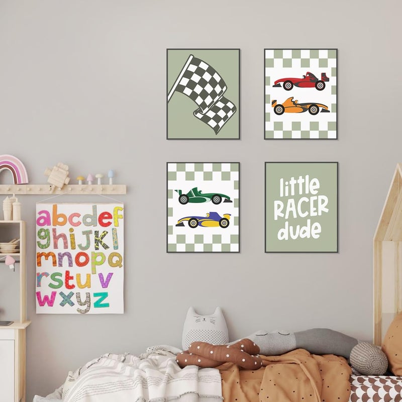 PLKMN Race Car Room Decor for Boys Little Racer Dude 8x10 Art Print Buffalo Plaid Decor Inspirational Boys Room Quote Wall Art Poster for Boy Playroom Bedroom Decor Set of 4 Unframed (Green) - Image 4