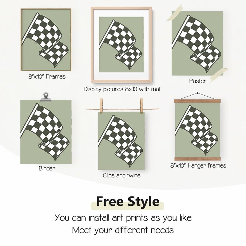 PLKMN Race Car Room Decor for Boys Little Racer Dude 8x10 Art Print Buffalo Plaid Decor Inspirational Boys Room Quote Wall Art Poster for Boy Playroom Bedroom Decor Set of 4 Unframed (Green) - Image 3