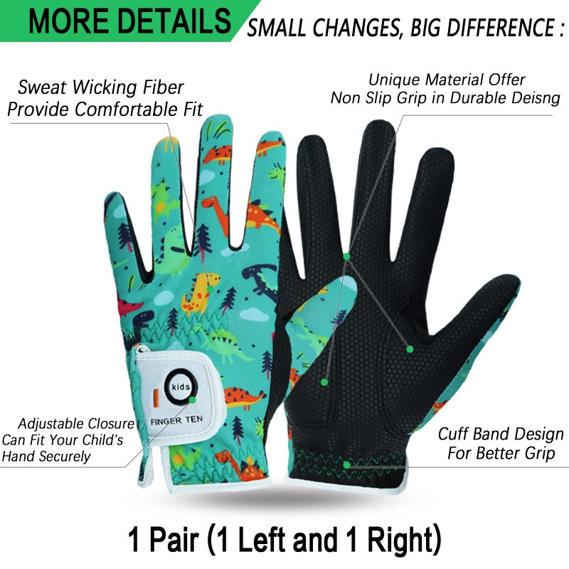 FINGER TEN Golf Gloves for Kids Boys Girls Both Left Right Hand Value 1 Pair, Toddler Junior Youth Golf Glove White Green Black (Green&Black, Medium) - Image 2