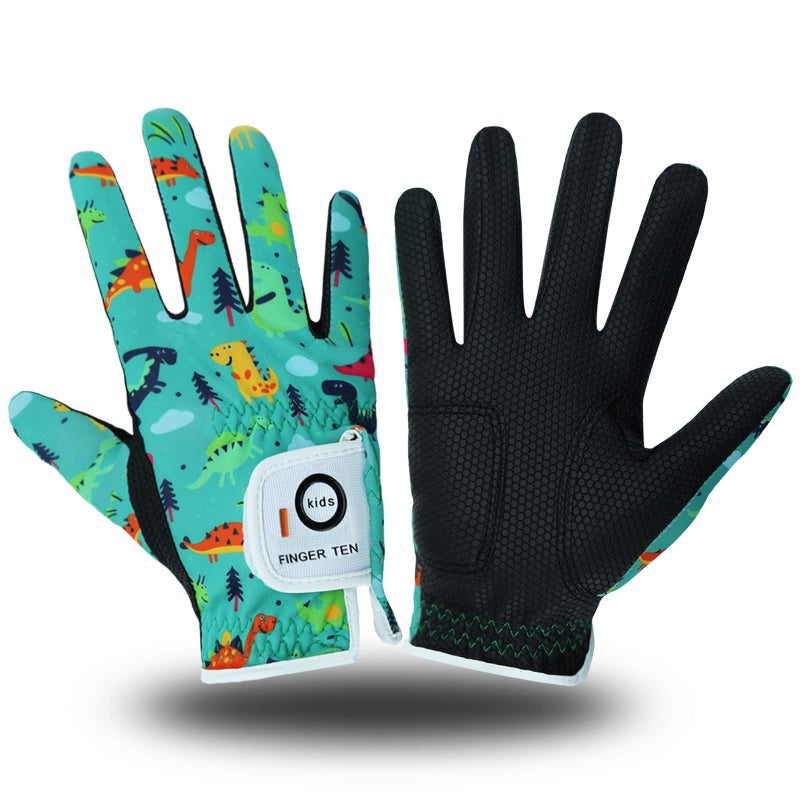 FINGER TEN Golf Gloves for Kids Boys Girls Both Left Right Hand Value 1 Pair, Toddler Junior Youth Golf Glove White Green Black (Green&Black, Medium) - Image 1