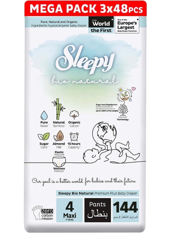 Sleepy Pack Of 144 Baby Bio Natural Pants Size 4, 3 X 48 Pieces, Organic, Comfort, Superior Absorbency, Eco-Friendly, Hypoallergenic - Image 1