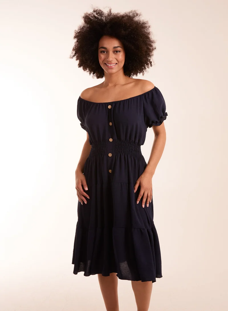 Blue Vanilla Coconut Button Bardot Dress