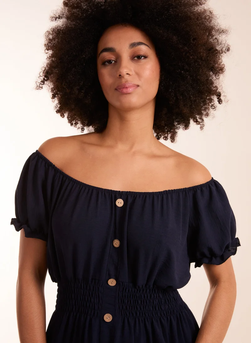 Blue Vanilla Coconut Button Bardot Dress