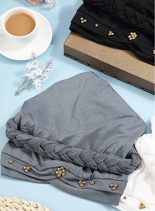 Women Turban Cap Beaded Headscarf Beanie Twisted Braid Wrap Hat Faux Pearl Headwrap 4 Pieces - Image 4