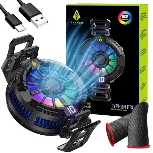 Archer Tech Lab Universal Mobile Phone Cooler for Gaming with Instant Turbo Cooling Fan, Thermal Conductive Pad, 3 Speed Gear & Display, Extra Clips, 2 Finger Sleeves, iPhone & Android (Typhon Pro) - Image 1