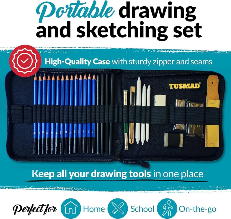 Tusmad 35 Pieces Professional Drawing Pencils kit and Drawing Sketching Kit charcoal pencil Kit Graphite Pencil Charcoal Sticks Eraser Sketch Book sketch shading pencils Wood & Other Tools for Artists - Image 4