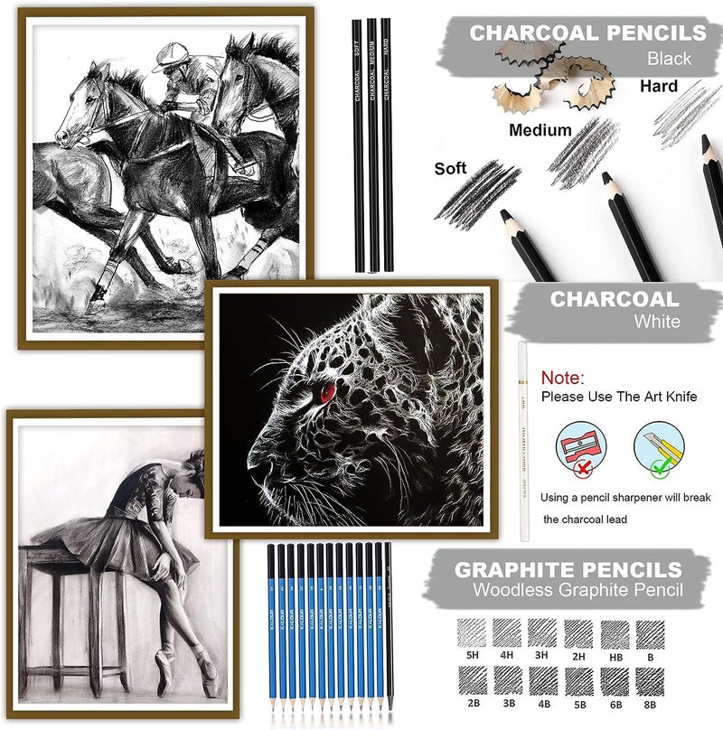 Tusmad 35 Pieces Professional Drawing Pencils kit and Drawing Sketching Kit charcoal pencil Kit Graphite Pencil Charcoal Sticks Eraser Sketch Book sketch shading pencils Wood & Other Tools for Artists - Image 3