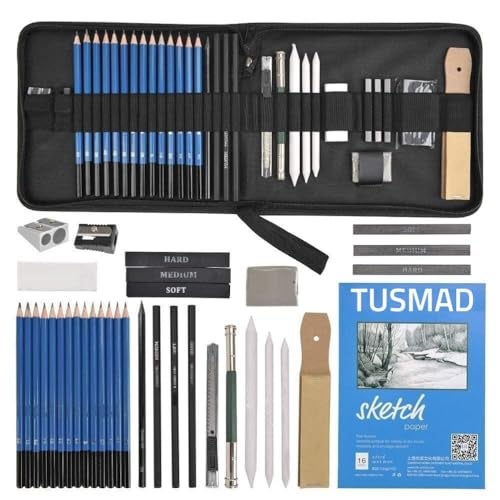 Tusmad 35 Pieces Professional Drawing Pencils kit and Drawing Sketching Kit charcoal pencil Kit Graphite Pencil Charcoal Sticks Eraser Sketch Book sketch shading pencils Wood & Other Tools for Artists - Image 1