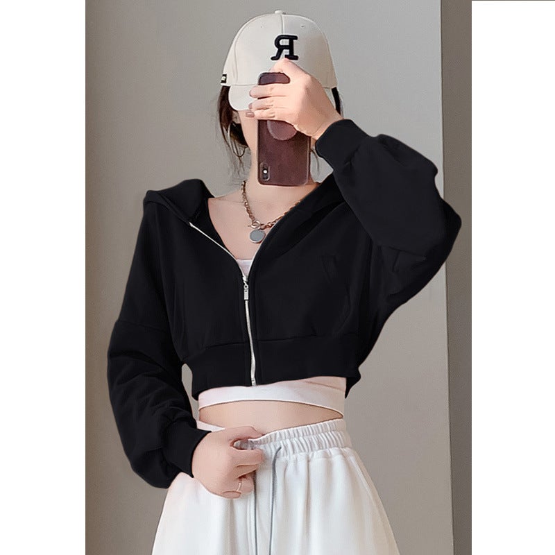 European and American Solid Color Sweatshirt Womens Spring and Autumn American Street Loose Hooded Slim Short Navel Top Fashion Coat Black without velvet