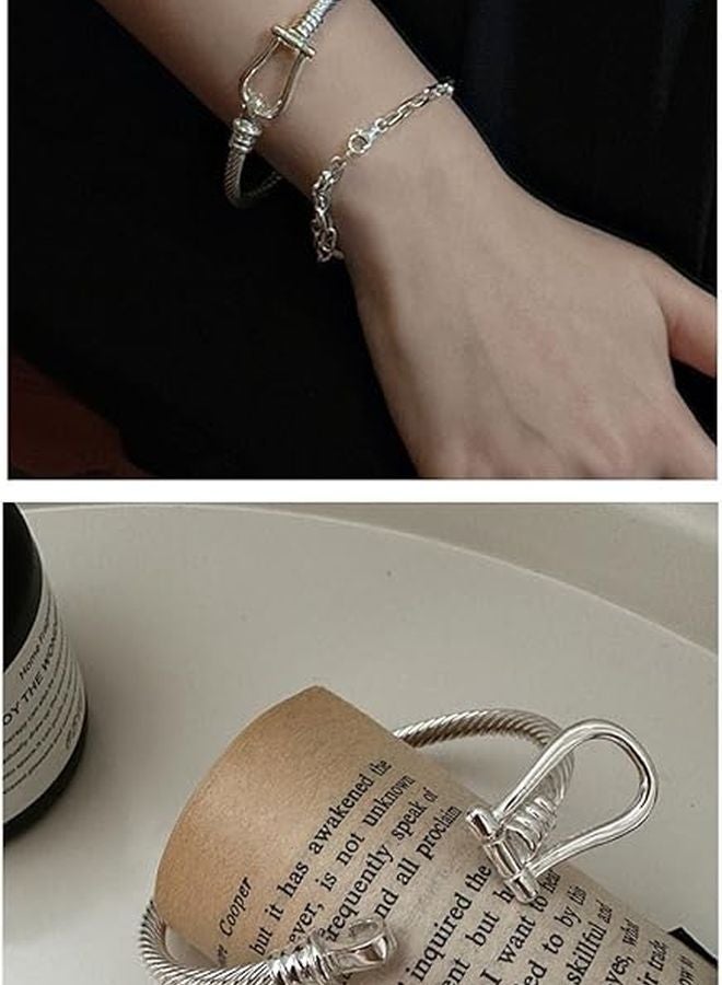 S925 فضة استرليني على شكل حذوة حصان U سلك ملتوي سوار بسيط سوار معصم متين متوسط - Image 5