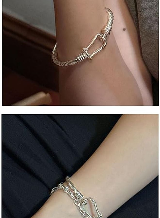 S925 فضة استرليني على شكل حذوة حصان U سلك ملتوي سوار بسيط سوار معصم متين متوسط - Image 4