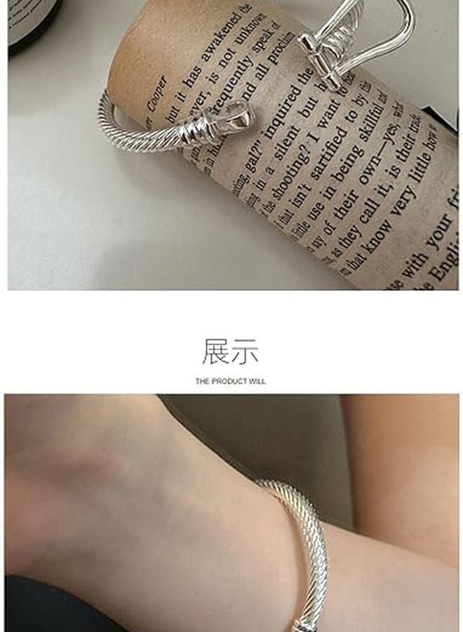 S925 فضة استرليني على شكل حذوة حصان U سلك ملتوي سوار بسيط سوار معصم متين متوسط - Image 3