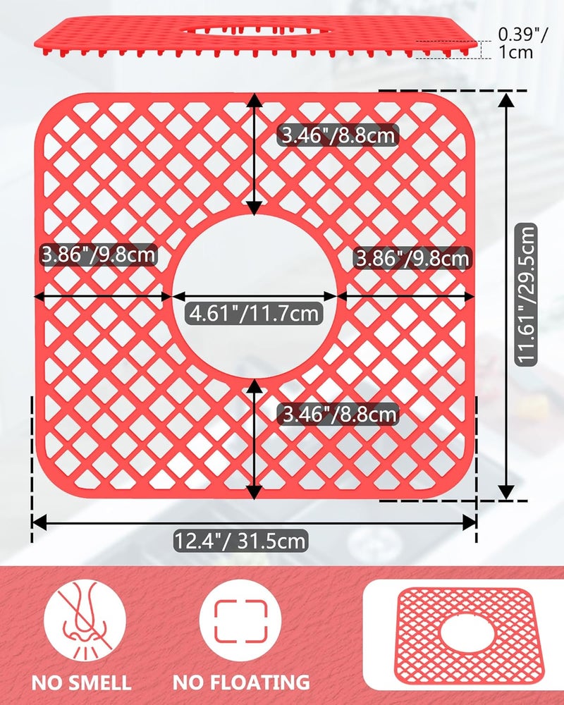 BEHOK Store 2 Pack Silicone Sink Protector for Kitchen Sink, Lozenge Pattern 12 x 11" Sink Grid Mat Silicone Protectors, Center Drain, Red - Image 4