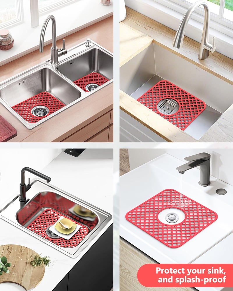BEHOK Store 2 Pack Silicone Sink Protector for Kitchen Sink, Lozenge Pattern 12 x 11" Sink Grid Mat Silicone Protectors, Center Drain, Red - Image 3