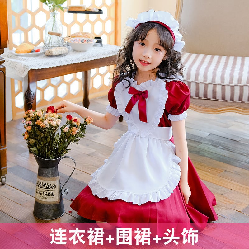 Kids Alice Blue Maid Lolita Dress Halloween Stage Costume Wine Red 3-Piece Set (without socks) 