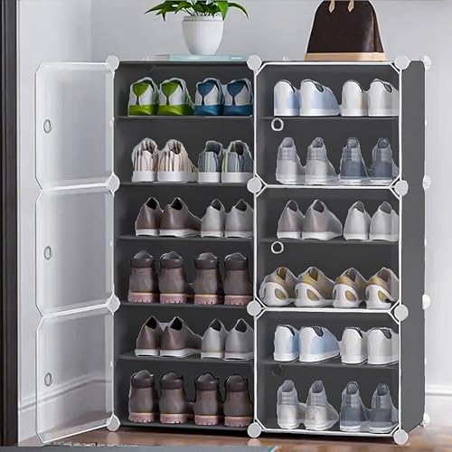 Oumffy Shoe Rack Plastic 𝟏𝟐 𝐒𝐡𝐞𝐥𝐟 & 𝟔 𝐃𝐨𝐨𝐫 | DIY Multi-Purpose Shoe Rack for Home | 𝐆𝐫𝐞𝐲 Home Storage Rack with Door for Entryway, Chappal Slipper Sandals Shoe Stand - Image 1