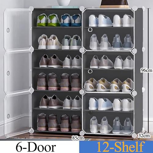 Oumffy Shoe Rack Plastic 𝟏𝟐 𝐒𝐡𝐞𝐥𝐟 & 𝟔 𝐃𝐨𝐨𝐫 | DIY Multi-Purpose Shoe Rack for Home | 𝐆𝐫𝐞𝐲 Home Storage Rack with Door for Entryway, Chappal Slipper Sandals Shoe Stand - Image 2