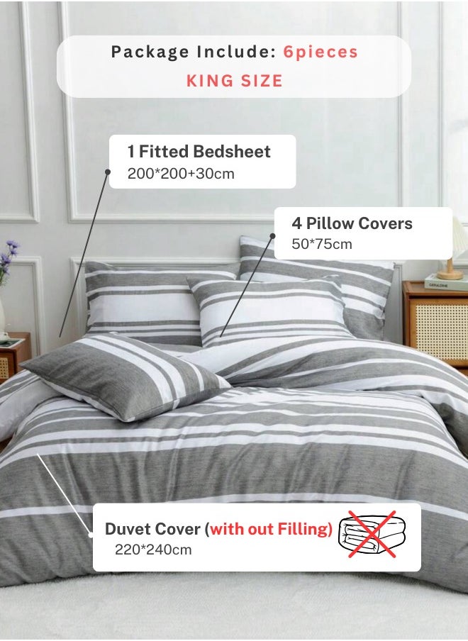 LUNA Home King Size 6 Pieces Gray Stripe Design Bedding Set  - Image 2