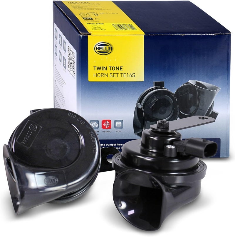 HELLA 3FH 012 010-041 Trumpet Horn - TE16S - 12V - 110dB(A) - Frequency Range: 400/500Hz - Electric - Housing Colour: Black - Plug: BMW - Kit Multi item matching - Image 1