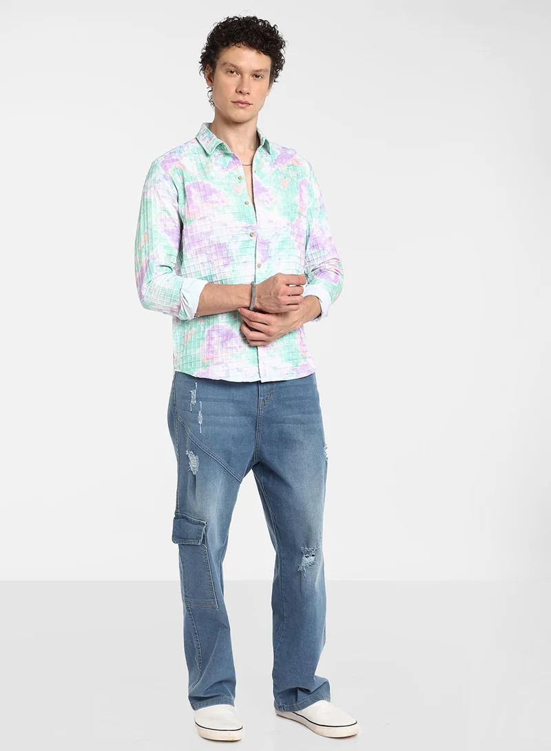 Campus Sutra Men's Sea Green & Lavender Splash Textured Shirt