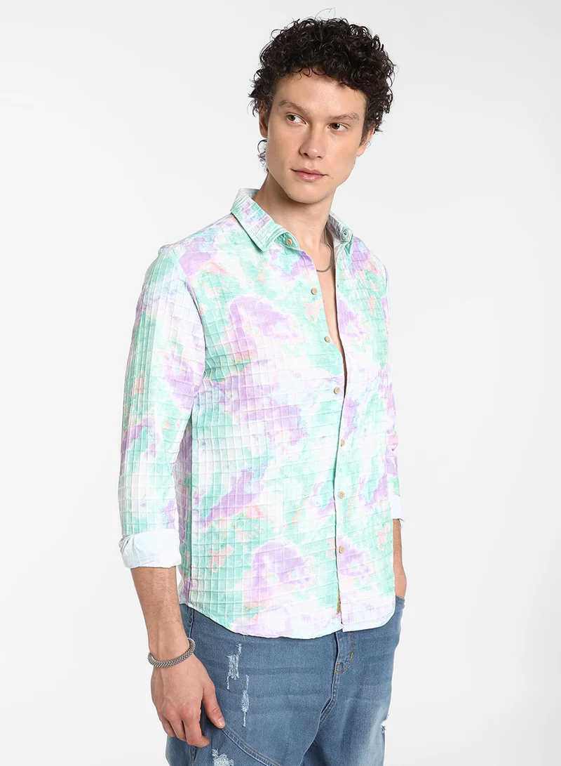 Campus Sutra Men's Sea Green & Lavender Splash Textured Shirt