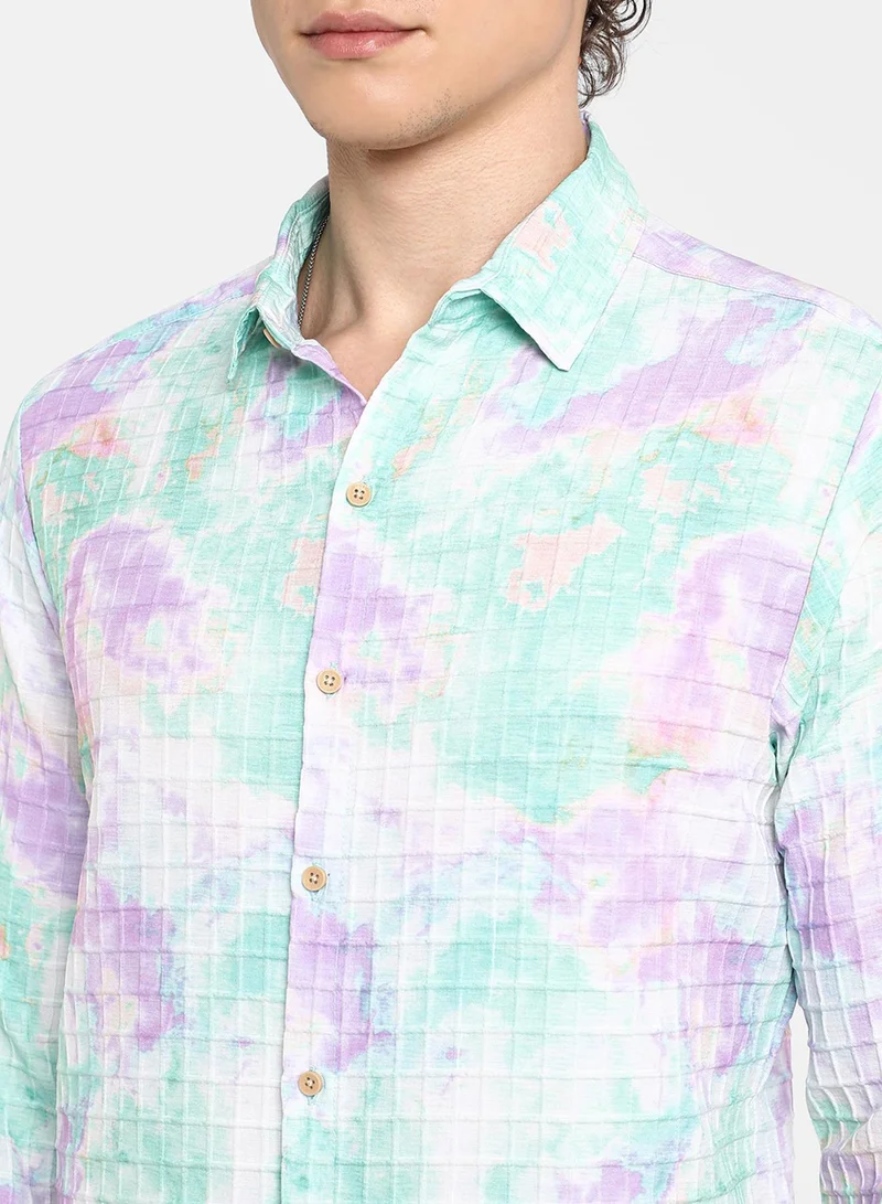 Campus Sutra Men's Sea Green & Lavender Splash Textured Shirt