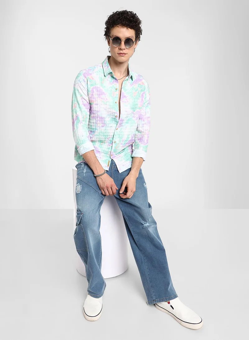 Campus Sutra Men's Sea Green & Lavender Splash Textured Shirt