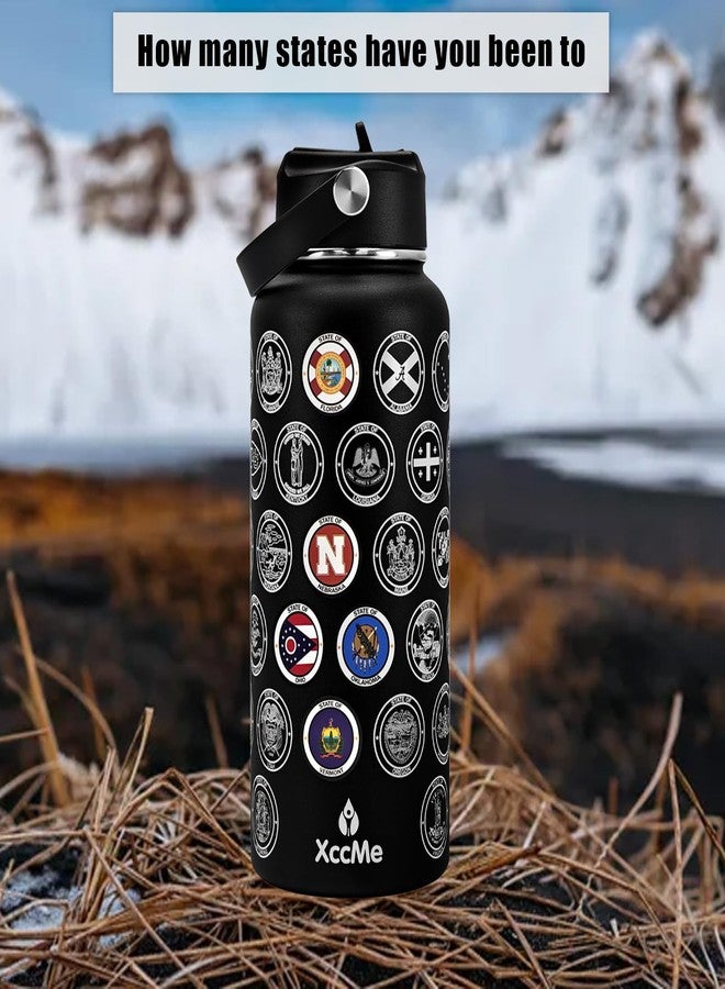XccMe Fifty States Travel Water Bottle with Stickers and Straw,32 oz Insulated Stainless Steel Water Bottle with 2 Lids,Silicone Boot,Bucket List Travel Water Cup Sealed and Leak Proof (Black) - Image 5