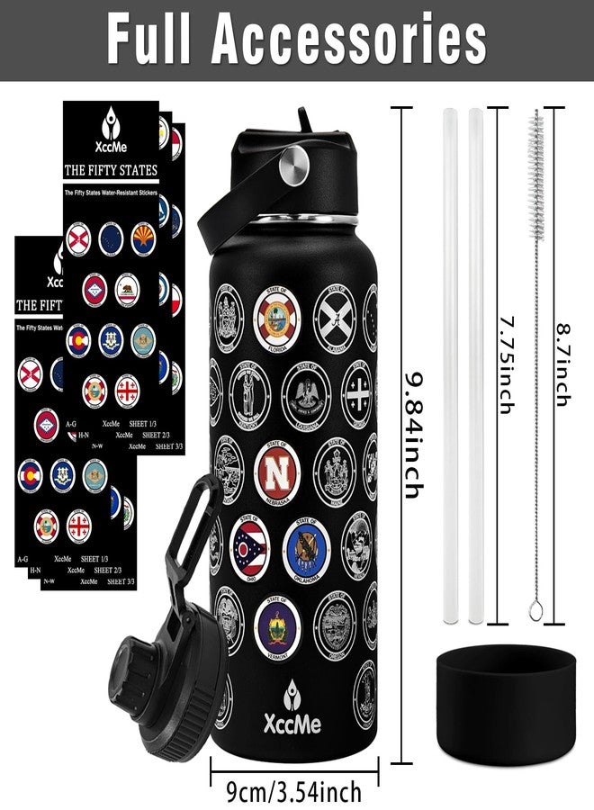 XccMe Fifty States Travel Water Bottle with Stickers and Straw,32 oz Insulated Stainless Steel Water Bottle with 2 Lids,Silicone Boot,Bucket List Travel Water Cup Sealed and Leak Proof (Black) - Image 3