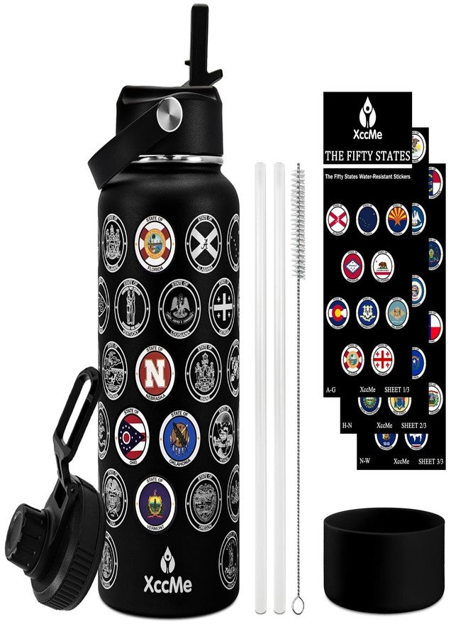 XccMe Fifty States Travel Water Bottle with Stickers and Straw,32 oz Insulated Stainless Steel Water Bottle with 2 Lids,Silicone Boot,Bucket List Travel Water Cup Sealed and Leak Proof (Black) - Image 1