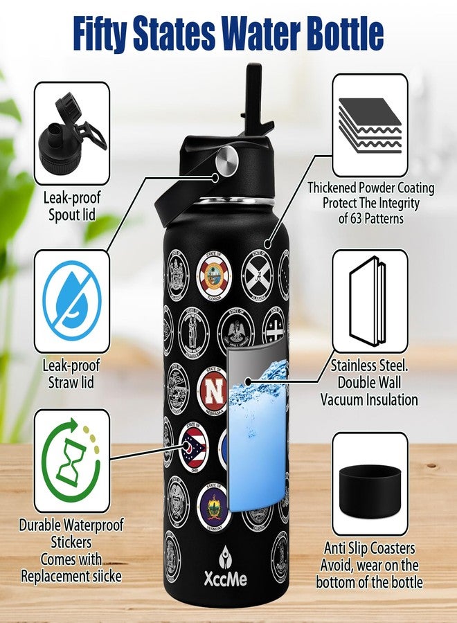 XccMe Fifty States Travel Water Bottle with Stickers and Straw,32 oz Insulated Stainless Steel Water Bottle with 2 Lids,Silicone Boot,Bucket List Travel Water Cup Sealed and Leak Proof (Black) - Image 2