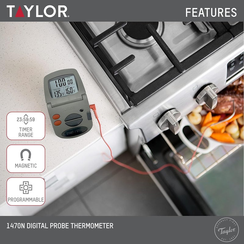 Taylor Precision Products Programmable with Timer Instant Read Wired Probe Digital, Meat, Food, Grill BBQ Cooking Kitchen Thermometer with Timer, Gray - Image 3