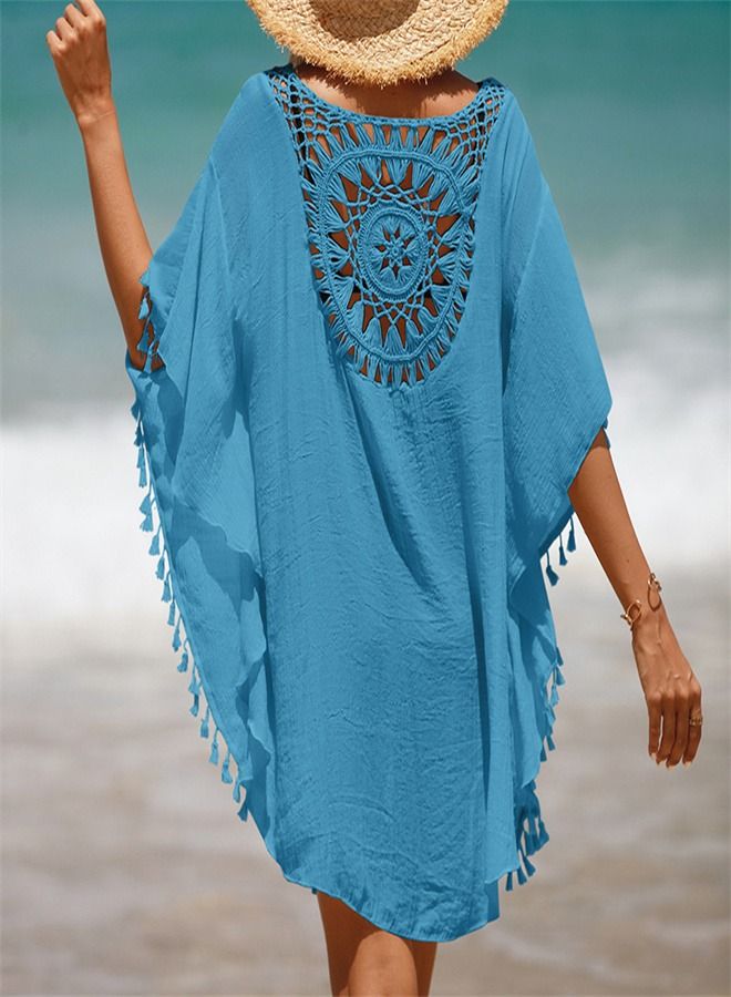 Loquat Hand Hook Solid Color Beach Dress Blue  - Image 1