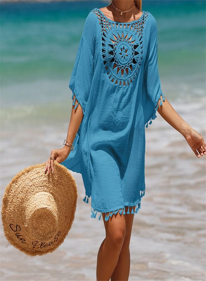 Loquat Hand Hook Solid Color Beach Dress Blue  - Image 2