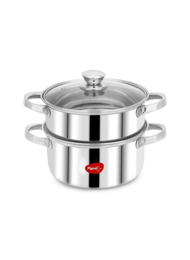 pigeon Pigeon by Stovekraft Steel X Steamer Stainless Steel Induction Base, Modak Maker/Momo Maker, 2 Tier with Glass Lid,Silver (21 cm,4.6L)  - Image 1