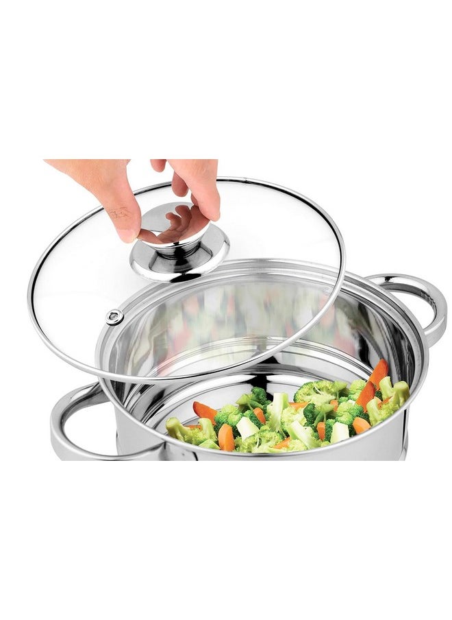 pigeon Pigeon by Stovekraft Steel X Steamer Stainless Steel Induction Base, Modak Maker/Momo Maker, 2 Tier with Glass Lid,Silver (21 cm,4.6L)  - Image 3