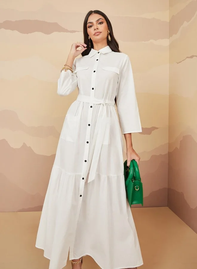 Styli Flap Pocket Detail Shirt Maxi Dress