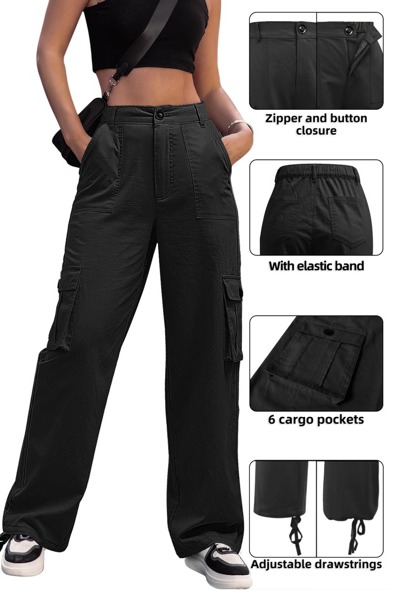 ZMPSIISA Women High Waisted Cargo Pants Wide Leg Casual Linen 6 Pockets Combat Military Trousers(Classic Black Linen,X-Small) - Image 5