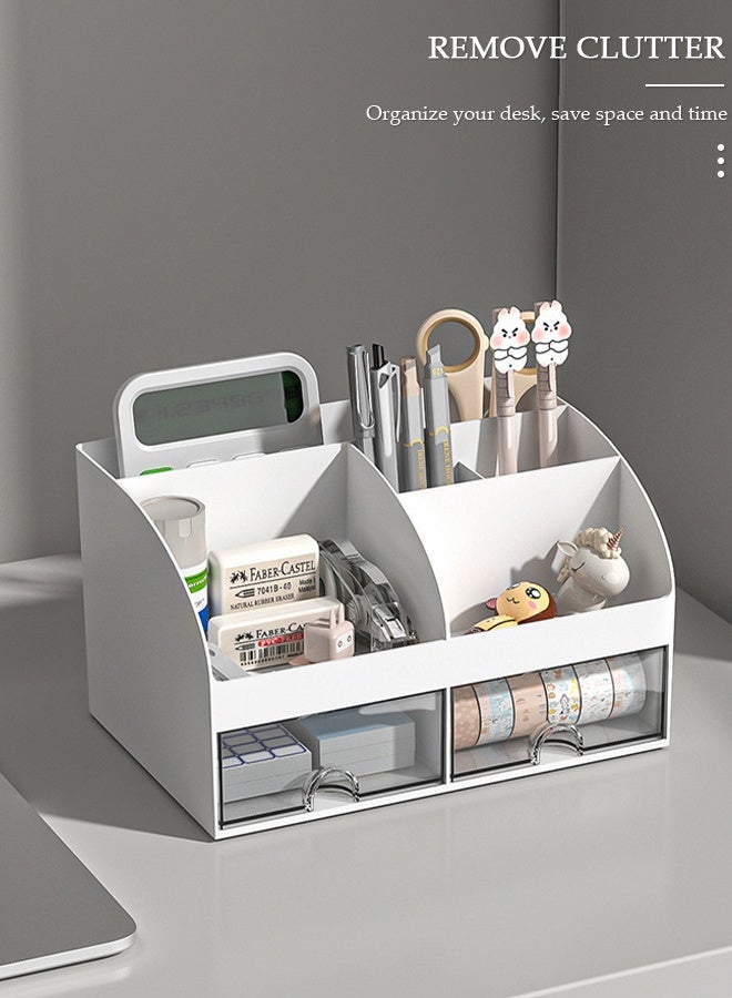 DUNISO Desk Organizer and Accessories with 2 Drawers and 6 Compartments, Plastic Makeup Organizer, Mini Pen Holder for Desktop Storage, Desk Organization for School, Home, Office Supplies - Image 4