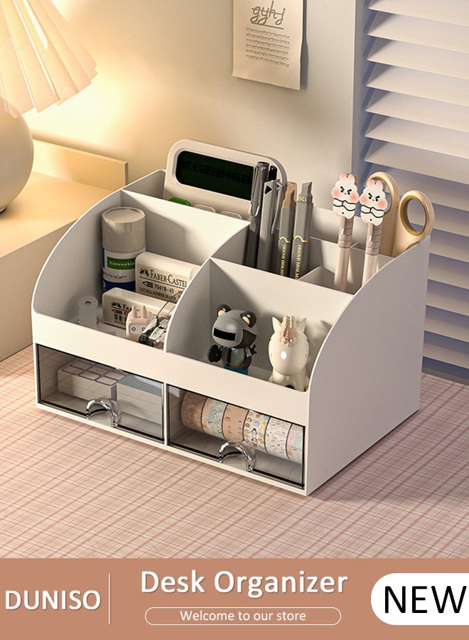 DUNISO Desk Organizer and Accessories with 2 Drawers and 6 Compartments, Plastic Makeup Organizer, Mini Pen Holder for Desktop Storage, Desk Organization for School, Home, Office Supplies - Image 1