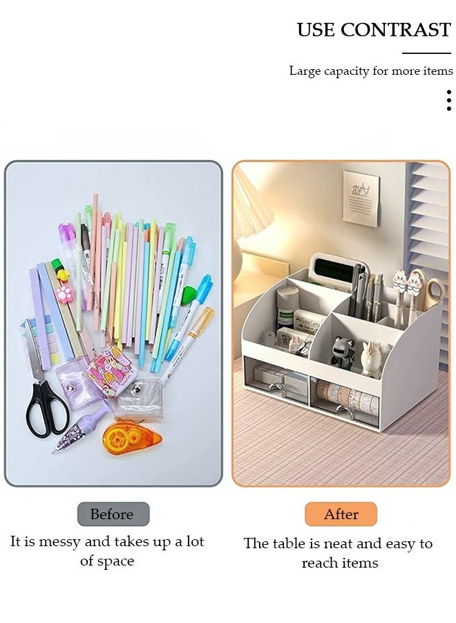 DUNISO Desk Organizer and Accessories with 2 Drawers and 6 Compartments, Plastic Makeup Organizer, Mini Pen Holder for Desktop Storage, Desk Organization for School, Home, Office Supplies - Image 3