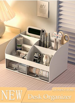 DUNISO Desk Organizer and Accessories with 2 Drawers and 6 Compartments, Plastic Makeup Organizer, Mini Pen Holder for Desktop Storage, Desk Organization for School, Home, Office Supplies  - Image 1