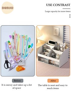 DUNISO Desk Organizer and Accessories with 2 Drawers and 6 Compartments, Plastic Makeup Organizer, Mini Pen Holder for Desktop Storage, Desk Organization for School, Home, Office Supplies  - Image 2