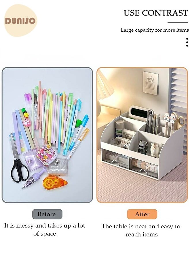 DUNISO Desk Organizer and Accessories with 2 Drawers and 6 Compartments, Plastic Makeup Organizer, Mini Pen Holder for Desktop Storage, Desk Organization for School, Home, Office Supplies  - Image 2